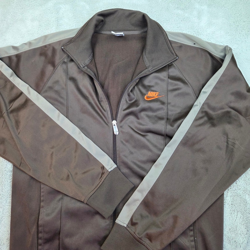 Nike Track Jacket Mens M Full Zip Side Stripe Embroidered Logo Athletic Brown